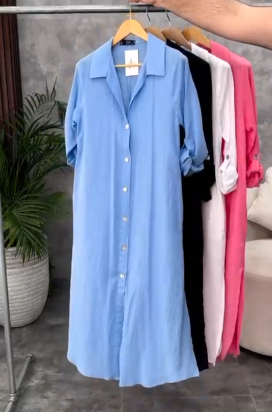 Styli Solid Button-Down Shirt Maxi Dress | Women Long Shirt