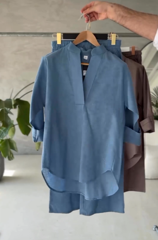 V-Neck Linen Shirt & Trouser | Casual Linen Two-Piece Set